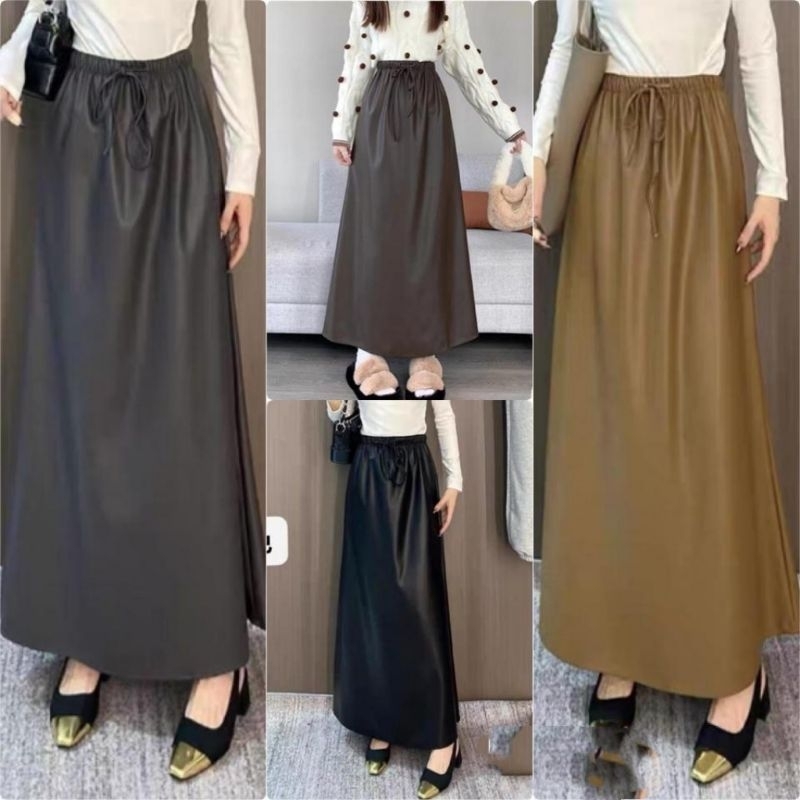 Rok Kulit Latex Flare Import Skirt Midi Bt00470