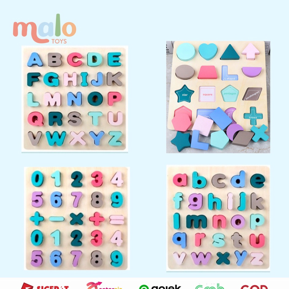 Terbaru MALOTOYS - OHYE Chunky Puzzle Kayu Alphabet Macaron Capital Letters Lower Number Shapes 3D M