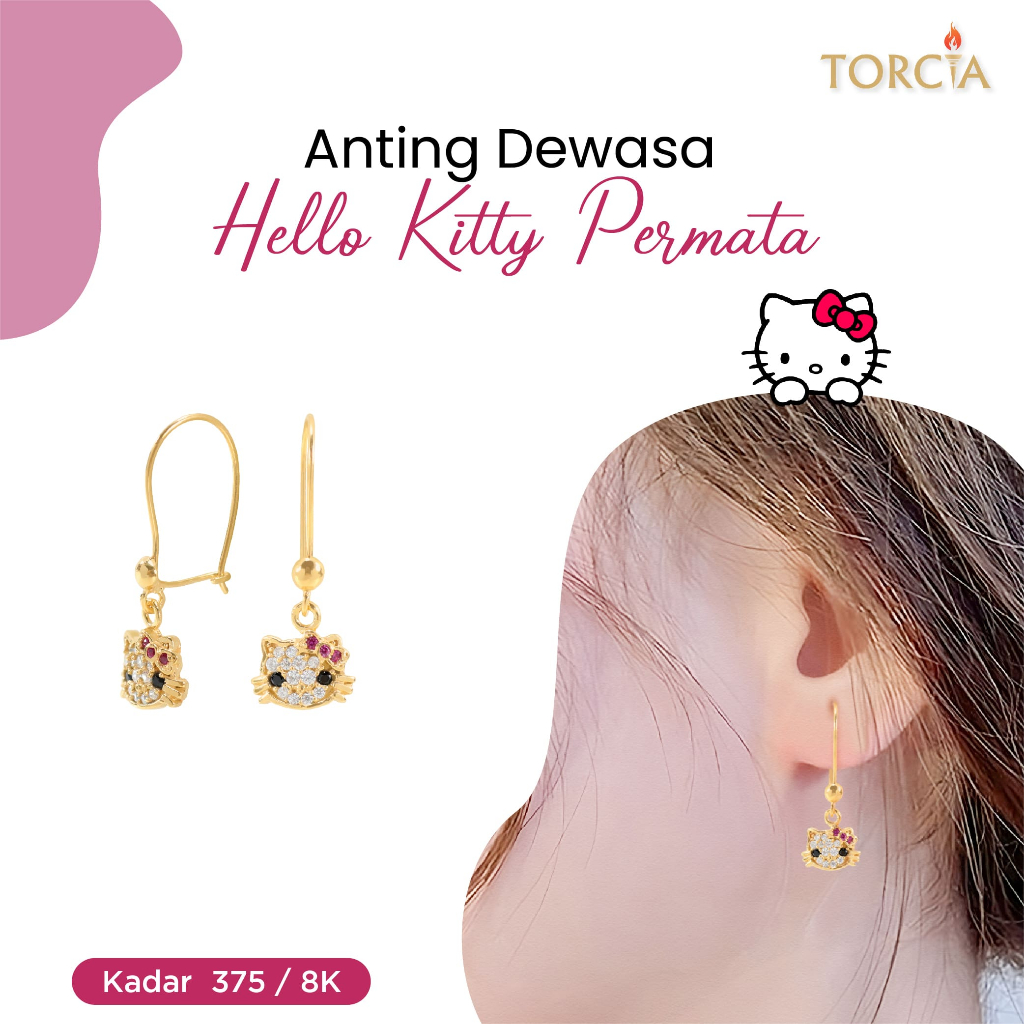 Anting Dewasa Gondel Emas Asli Hello Kitty Permata Kadar 375 Torcia