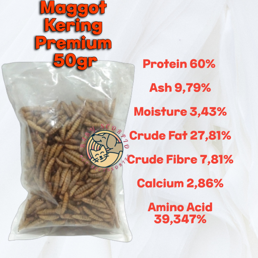 Pakan Ikan Maggot kering 50gram berkualitas pelet koi Channa Barca
