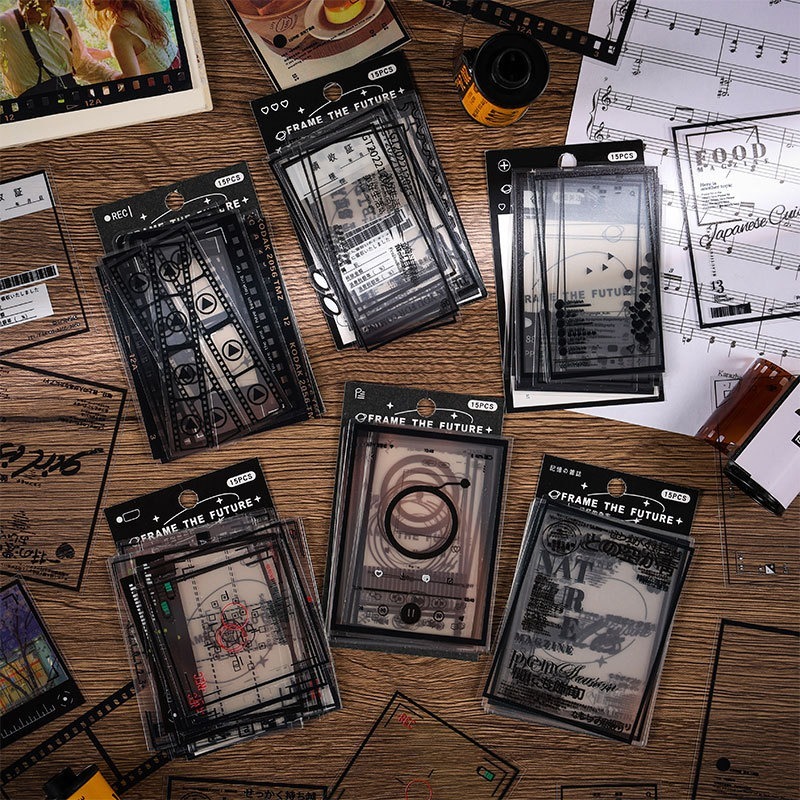 

[Artopia] 15pcs Sticker Frame The Future PET Camera Roll Kamera Estetik Film Black Photo Foto Focus Deco Bujo Scrapbook Jurnal Journal Music Musik Majalan Magazine