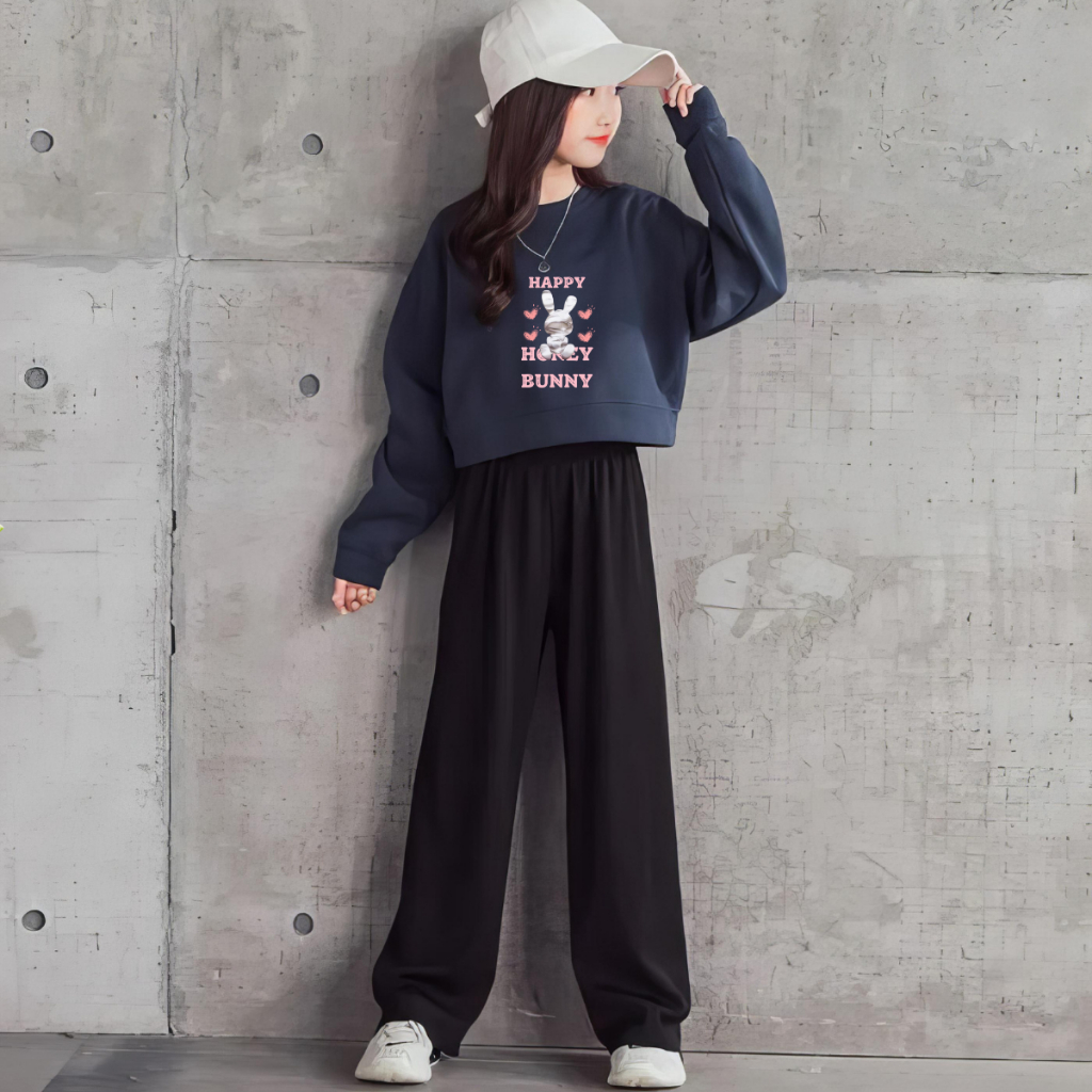 JBF One Set Crop Oversized Remaja Korea Atasan Baju Crop Lengan Panjang Dan Celana Kulot Desain Grapic Happy Honey Bear