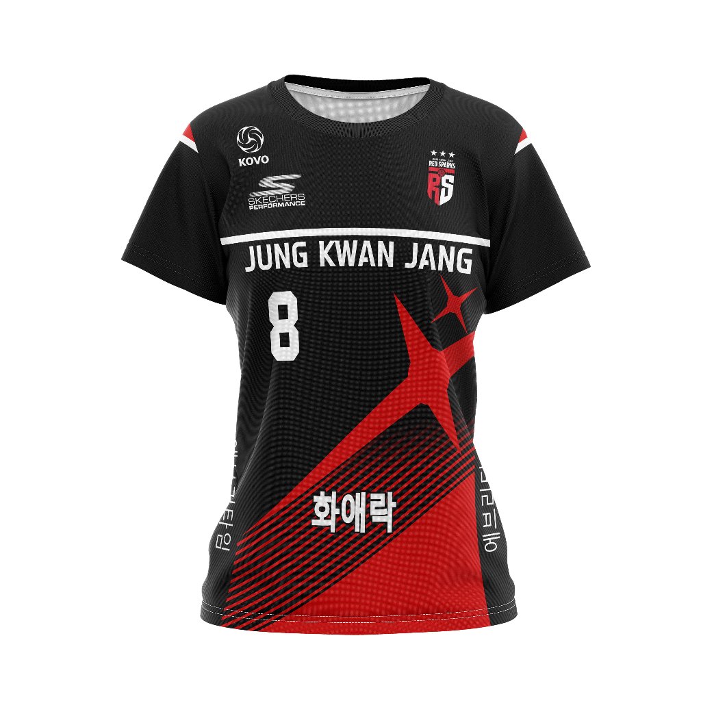 Baju Kaos Tshirt Wanita Jersey Volly Red Sparks Hitam & Putih Full Printing Custom Nama No Logo