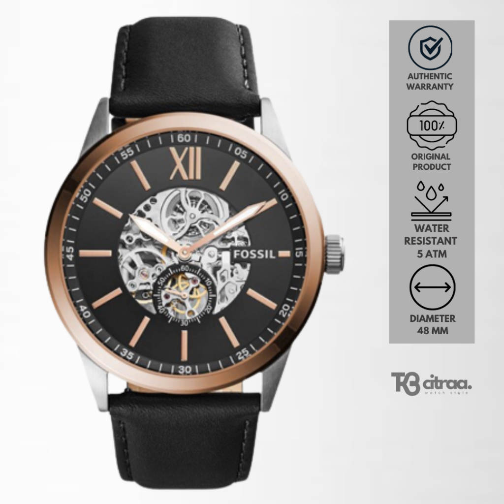 jam tangan fossil automatic pria flynn kulit hitam water resistant casual elegant original BQ2216
