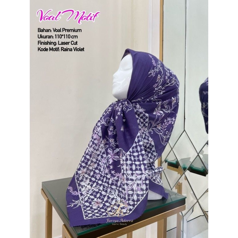 Hijab Segi Empat Voal Motif Raina Warna Ungu Tua Kerudung Jilbab Murah Terbaru