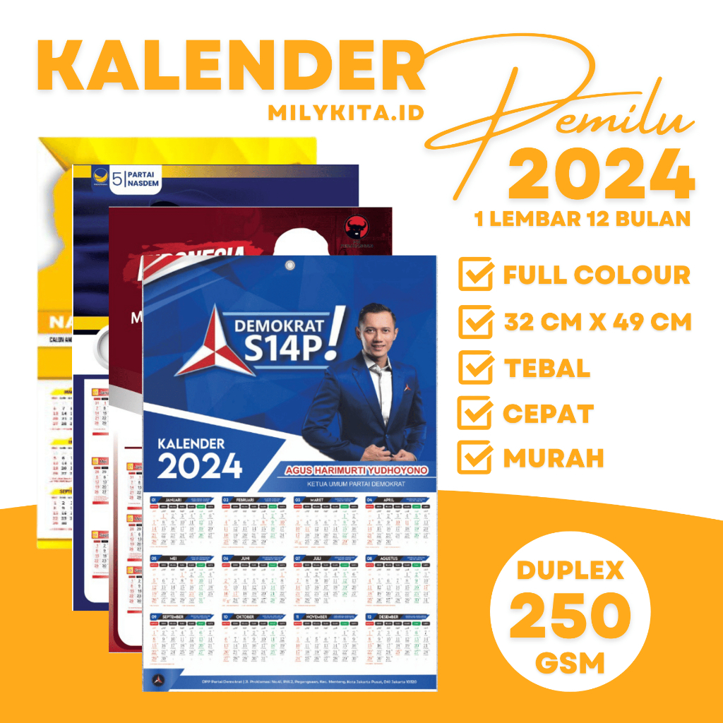 

1000 pcs Cetak Kalender Pemilu 2024 Bahan Duplex 250 gsm 1 lembar isi 12 Bulan