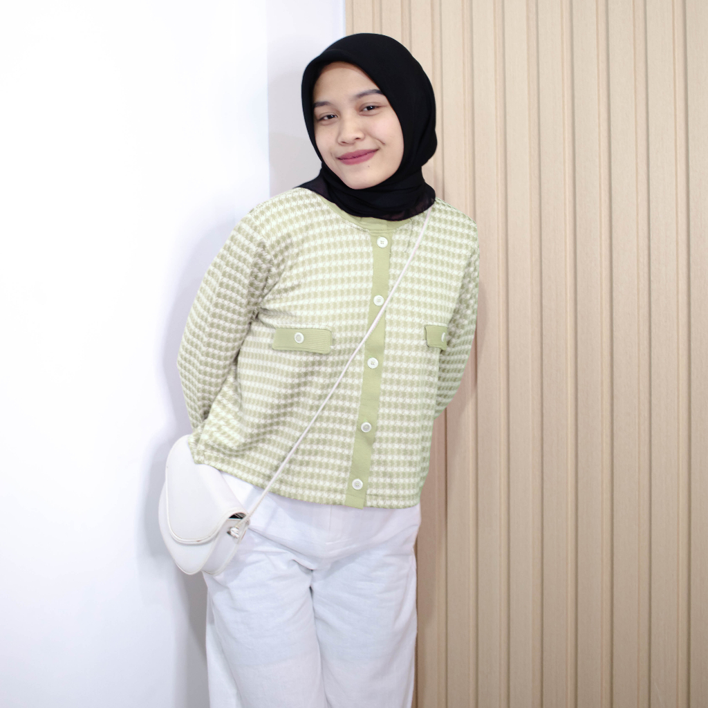 Mela Outer Sweater Wanita / Knitwear Cardi Houndstooth Crop / Outer Knit Crop