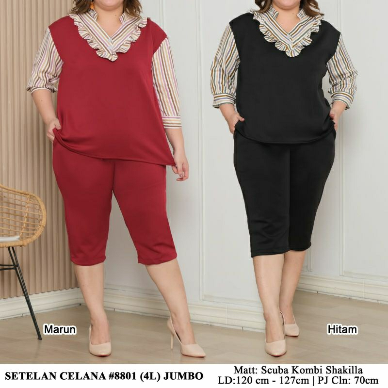 setelan celana wanita 8801 BIG SIZE SCUBA IMPORT motif lengan 3/4 bergaris + kancing
