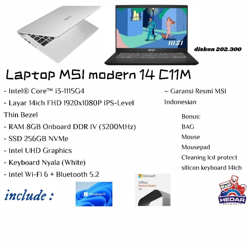 laptop msi modern 14 c11m core i3 8GB 256GB SSD Wifi 6 W11 OHS FHD