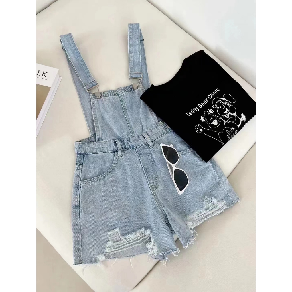 【wanita_id】Denim Brace Celana Pendek Jumpsuit Wanita Korea Style Celana Cute Celana Longgar Lebar Kaki