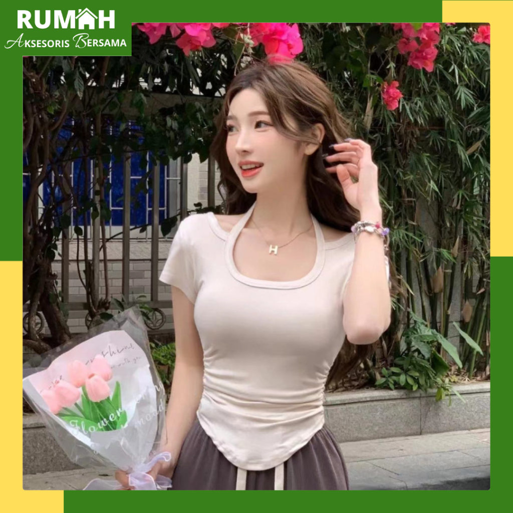 RAB BJ414 Baju Atasan Kaos Spandek Korean Wanita Sexy Lengan Pendek Leher Tali Leher Fashion
