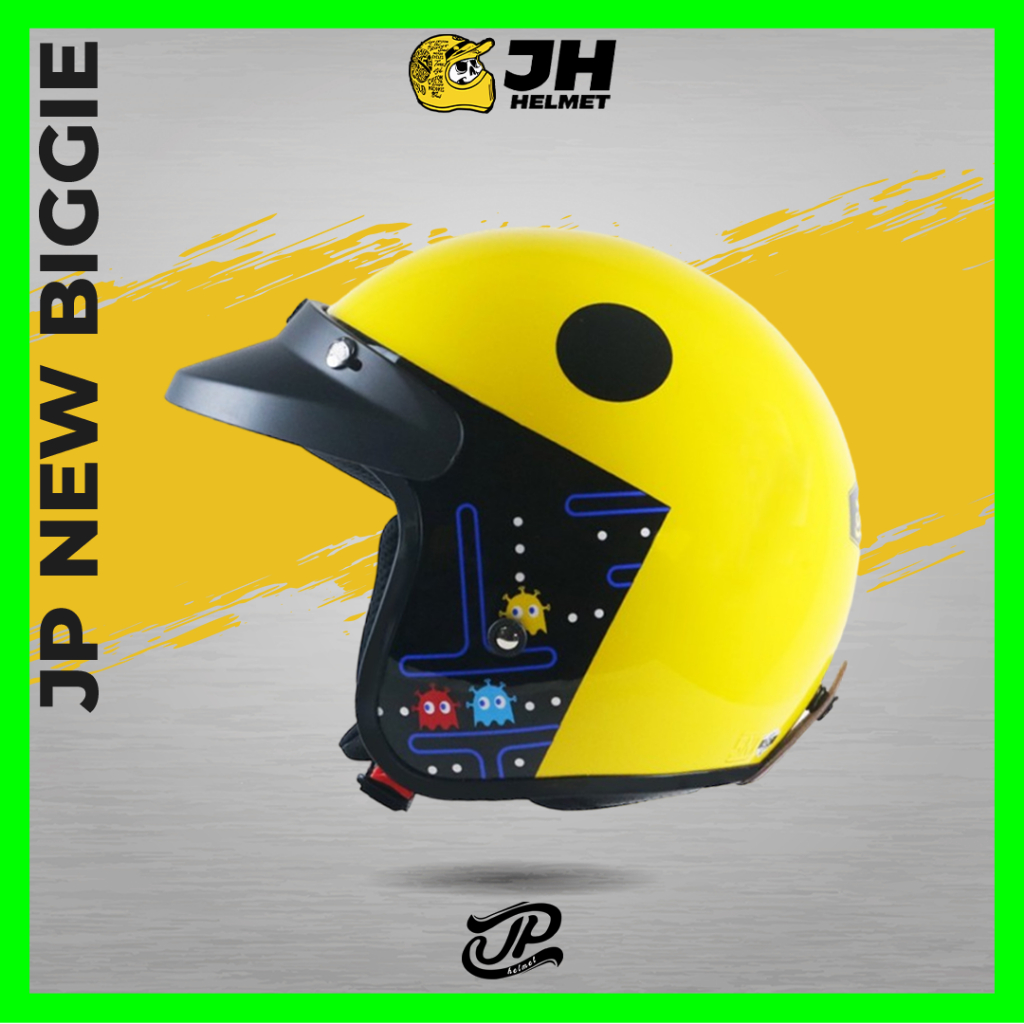 Helm JP New Bigie Motif PAC Invaders Yellow Glossy | Helm Retro | Helm Half Face | Jual Helm