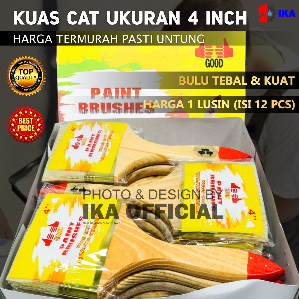 kuas cat 4 " inchi 1Lusin kuas gagang kayu gagang pvc acak merk 4 Inchi harga 1box 12pcs harga grosi