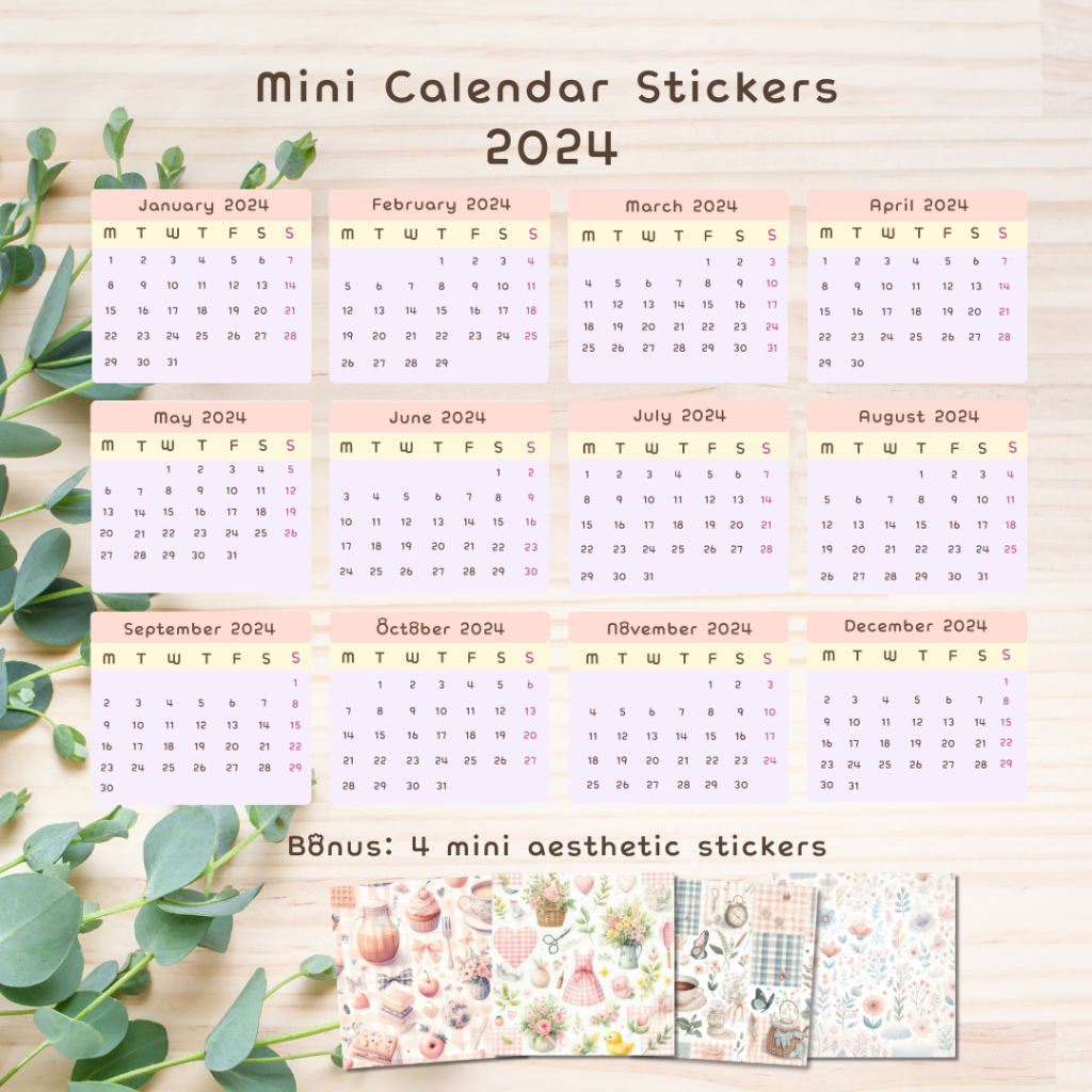 

[ancientfairy] Mini calendar sticker, stiker kalender mini 2024. Stiker untuk journaling, scrapbook, penpal, dekorasi diary, catatan, cute sticker, stiker imut kecil warna pastel soft, pastel color sticker mini calendar