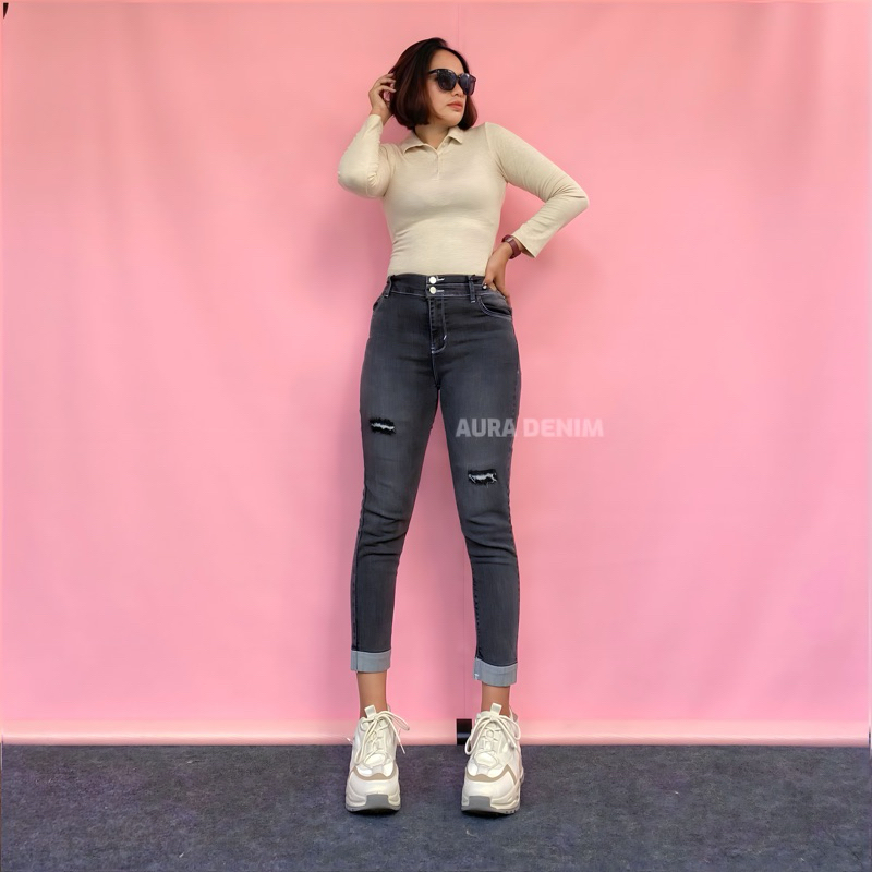 AURADENIM - High Waist Rara Skinny Baggy Pants Jeans Pensil Wanita Stretch Celana 7/9 Slim-fitting
