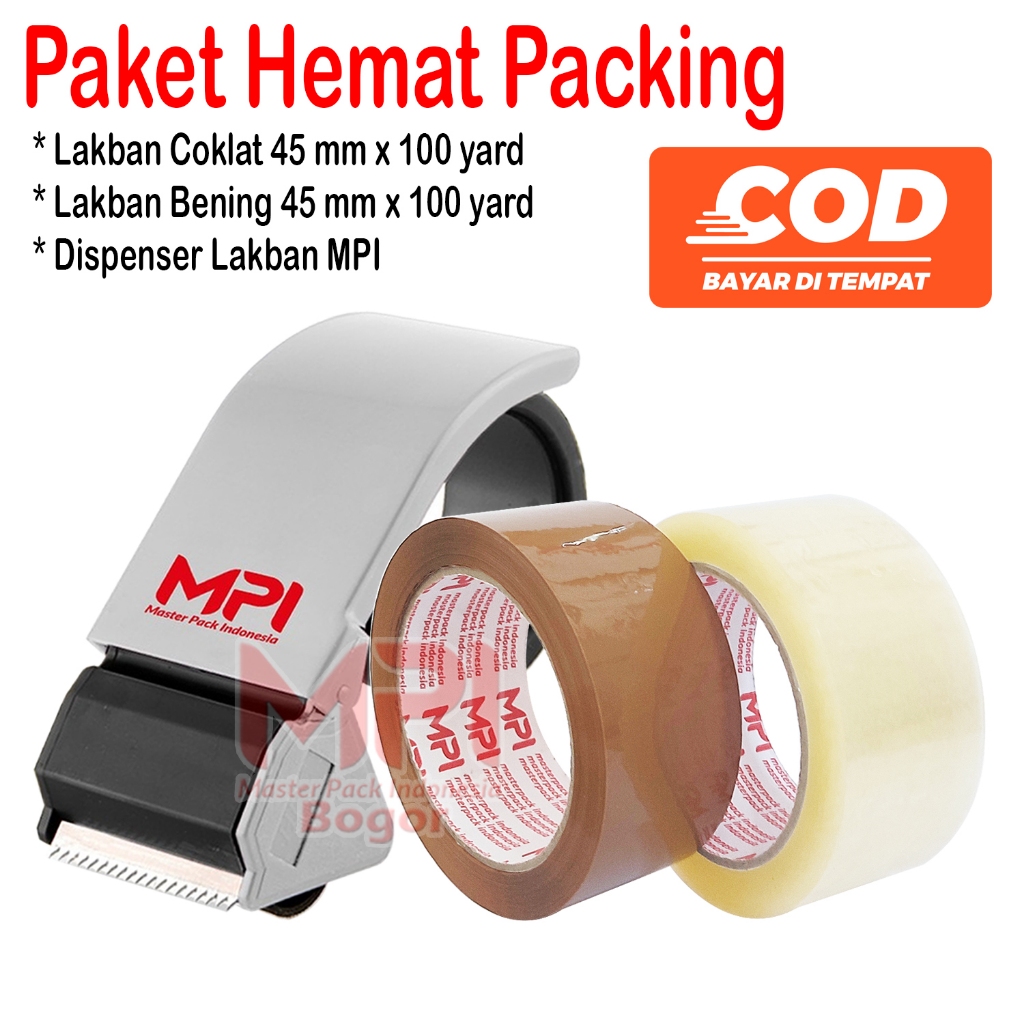 

Paket Hemat Packing - Lakban Coklat - Lakban Bening 45 mm x 100 yard Plus Dispenser Lakban MPI - Master Pack Indonesia Bogor