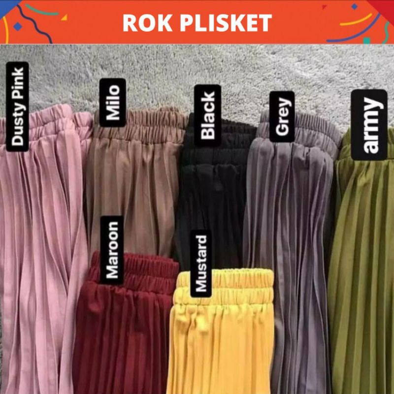 Rok Plisket Premium Bahan Hyget Premium Tebal Warna Hitam Putih Navy Maroon Grey Abu Army Mustard Mi