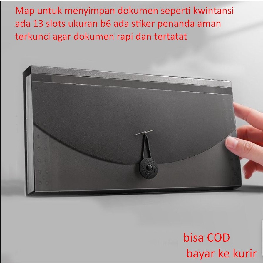 

Map untuk menyimpan dokumen seperti kwintansi ada 13 slots ukuran b6 ada stiker penanda aman terkunci agar dokumen rapi dan tertatat