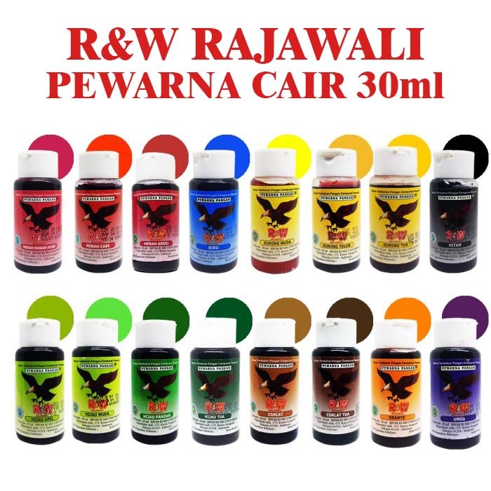 

Pewarna R&W 30ml/ pewarna rajawali 30ml/ pewarna ungu/ pewarna biru/ pewarna merah tua/ merah cabe/ hijau apel/ hijau muda/ pewarna hijau tua/ kuning tua/ kuning muda/ pewarna kuning telur/ pewarna merah rose/ pewarna coklat/ pewarna orange/ pewarna hitam