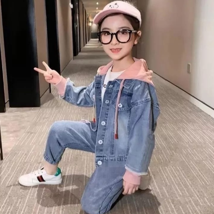 HOT SALE JAKET JEANS HOODIE ANAK /JAKET KOMBINASI ANAK PEREMPUAN HOODIE WARNA/ JAKET ANAK UMUR 2-14T