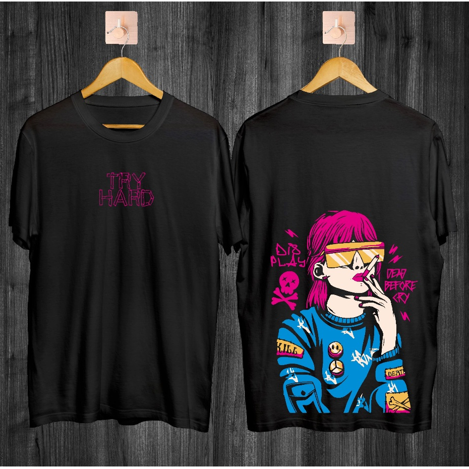 Baju Kaos T-shirt Distro Terbaru / Kaos Try Hard Hitam / Kaos Kekinian / Kaos Trendy / Kaos Pria Dan