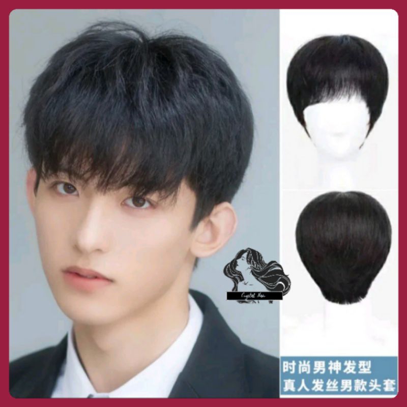 Wig pria lurus pendek rambut palsu pria dengan poni versi pria korea