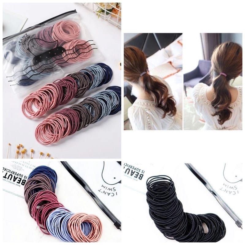 Ikat Karet Rambut & Gelang Hitam Polos Korea Elastis [isi 100 pcs]