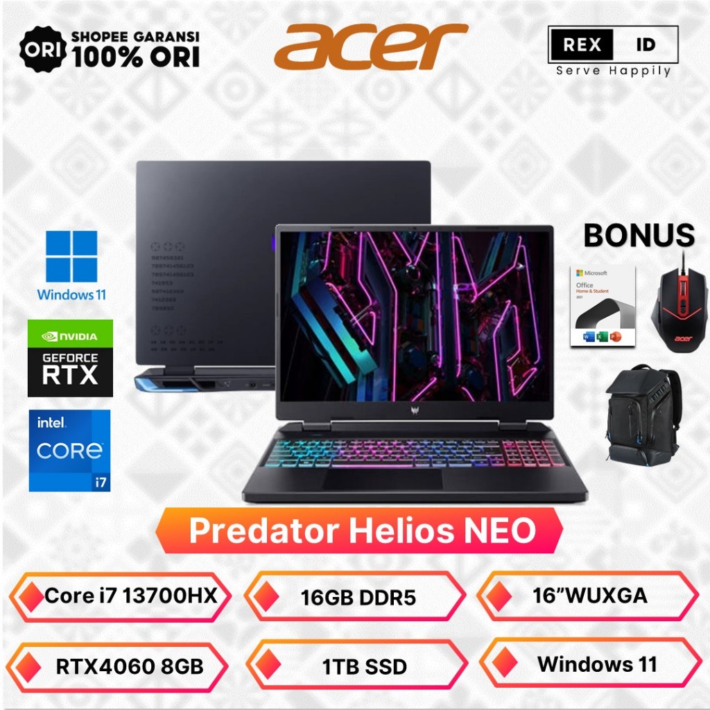 Acer Predator Helios Neo 16 779Q RTX4060 8GB Core i7-13700HX 16GB 1TB 16."WUXGA 165Hz SRGB%100 Windows 11 + Office Home Studnet
