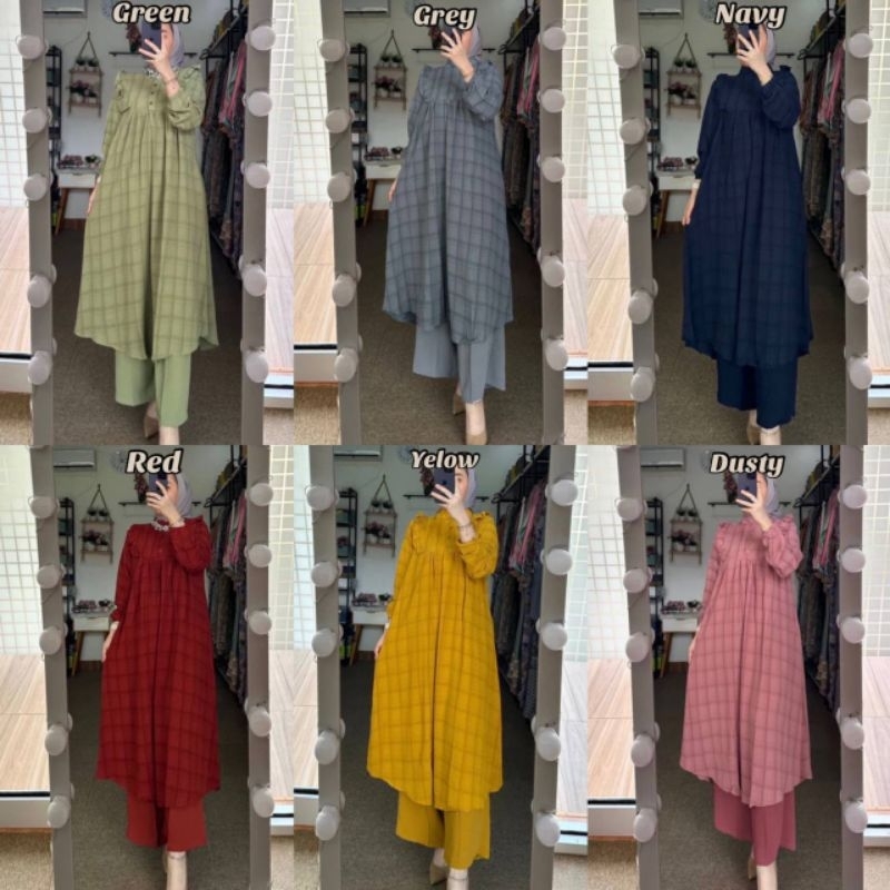 New Set Long Cey Kotak Setelan Yarndyed Airflow Import Celana Kulot Crincle Airflow Outfit Wanita Ke