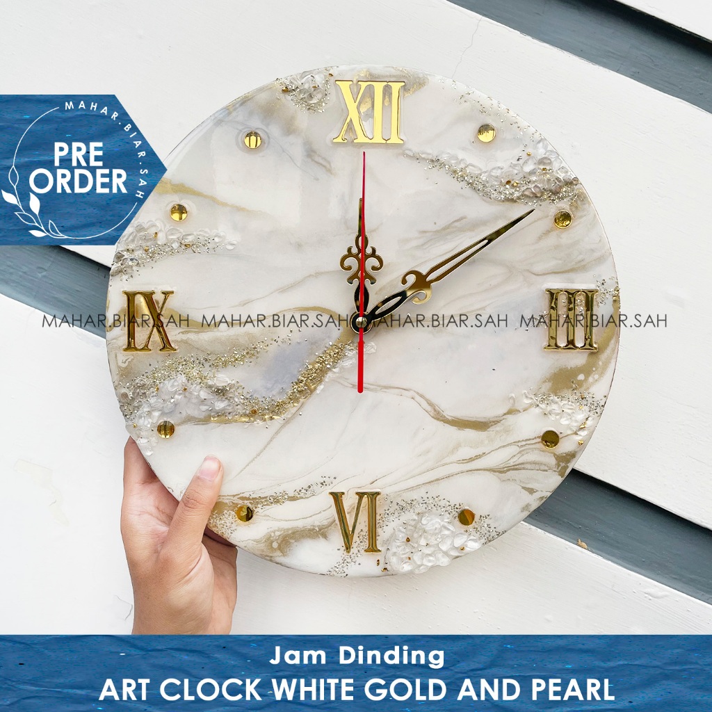 PO Resin Art Clock White Gold and Pearl + Natural Stones Geode  / Jam Dinding Resin / Home Decor Clo