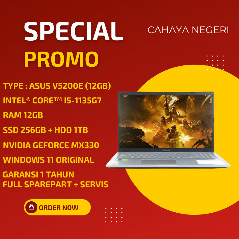 PROMO LAPTOP ASUS V5200E Intel CORE i5 Gen 11 RAM 12GB SSD 256GB+HARDISK 1000GB VGA NVIDIA GEFORCE M