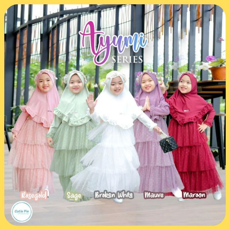 Cutie Pie Kids Ayumi Series Gamis Set Hijab Dress Tulle Dot Baju Lebaran Anak Perempuan