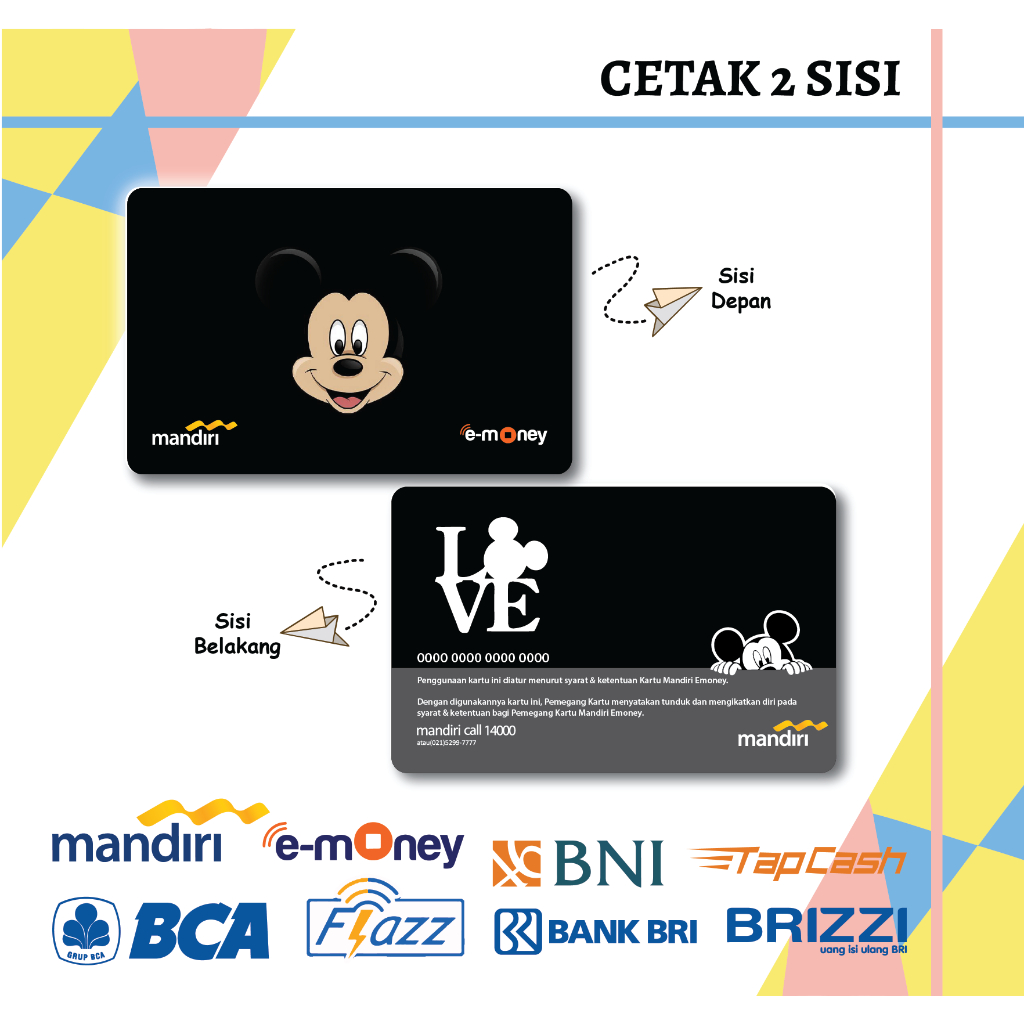 KARTU EMONEY E TOLL DESIGN ANIME MICKEY BLACK ANIME MANDIRI FLAZZ BCA GEN 2 TAPCASH BRIZZI - 2 SISI