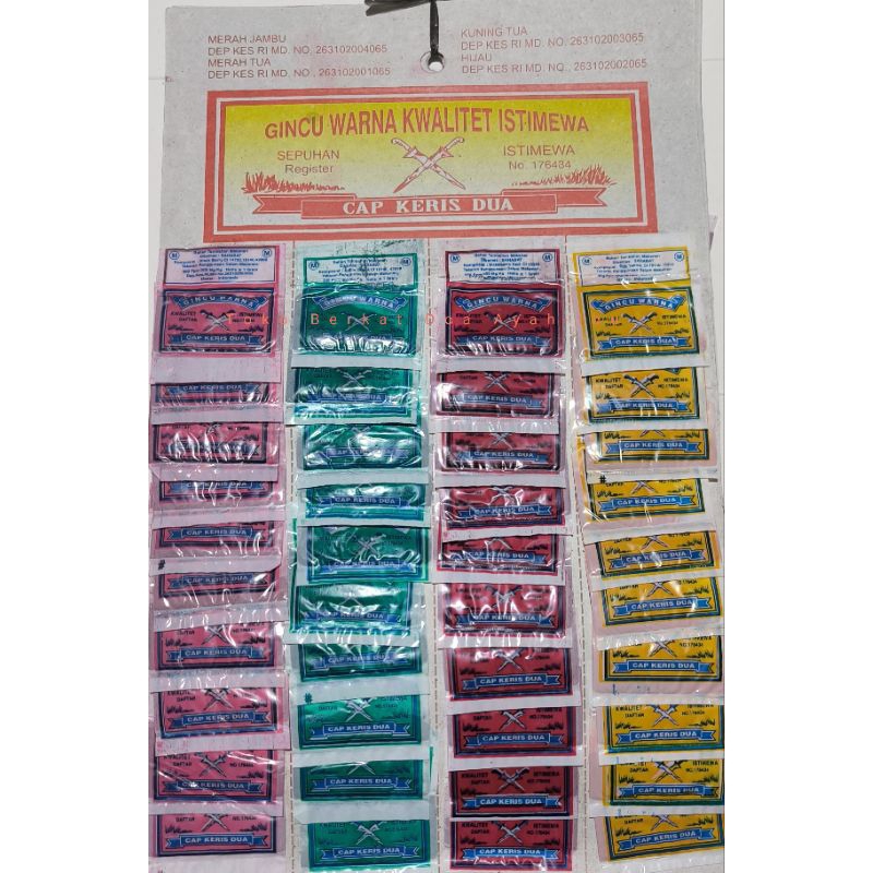 

gincu sachet. pewarna makanan cap keris dua. gincu papan isi 40 pcs gincu bubuk