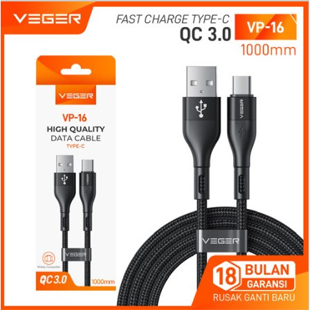 VEGER Kabel Data Cable VP-16 TYPE C 3.0A Fast Charging Quick Charge 1 Meter