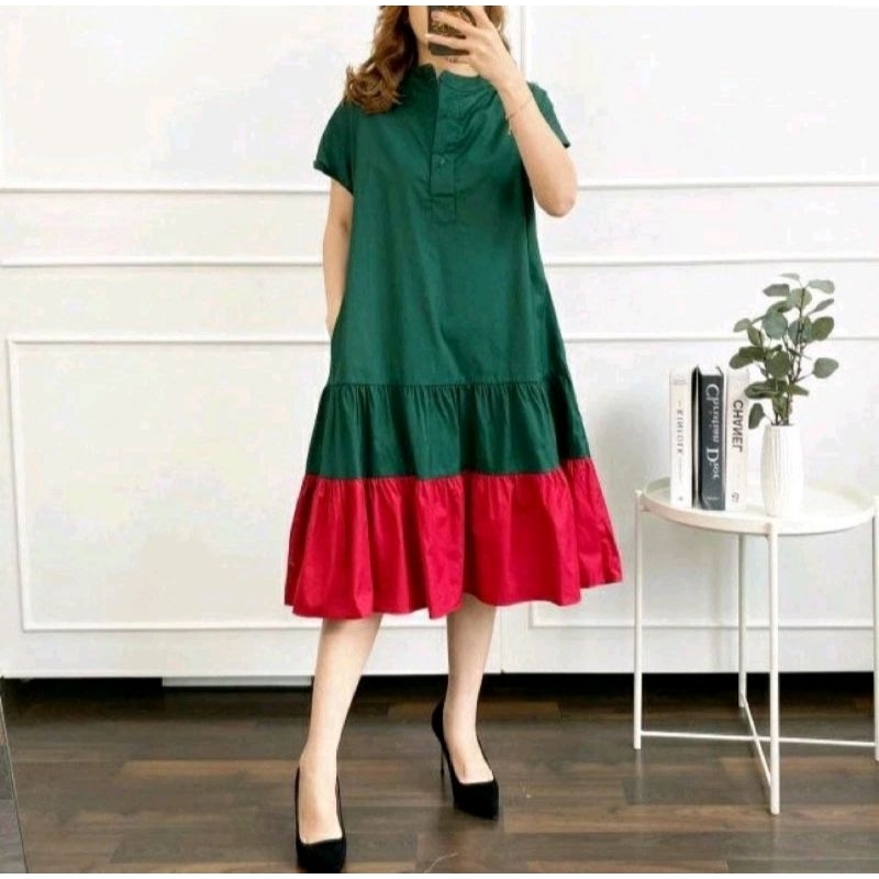 Dress Natal Premium/ Dress Katun Hijau Merah/ Dress modis