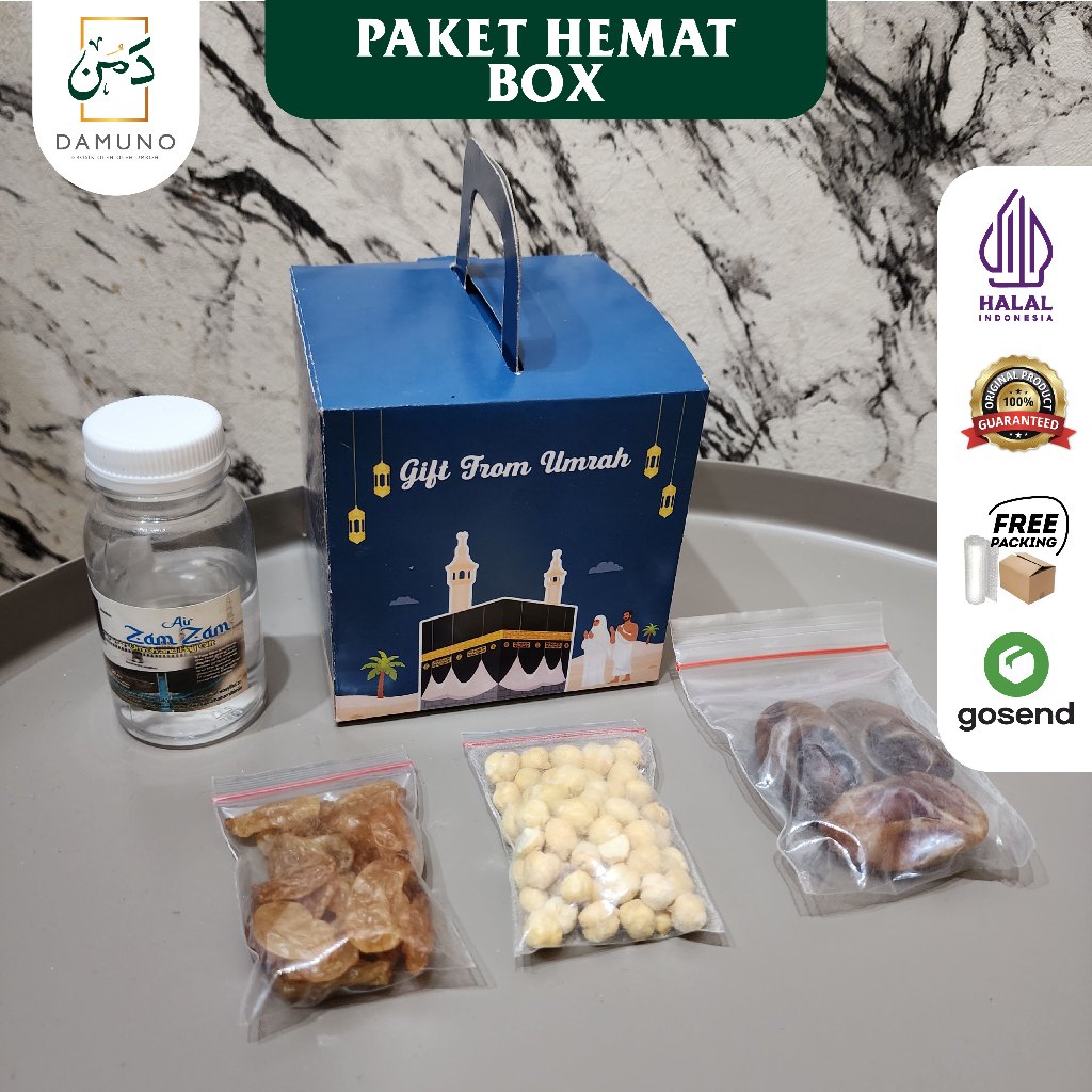 

Paket HEMAT Oleh Oleh Haji dan Umroh dus Box Air Zamzam + Botol 80ml + Kurma Khalas+ kacang arab