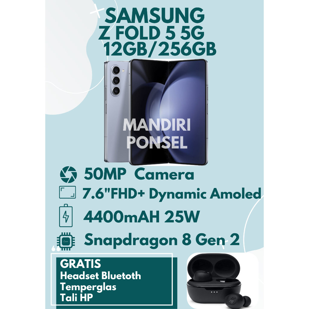 SAMSUNG Z FOLD 5 5G RAM 12GB/256GB INTERNAL GRATIS HEADSET BLUETOOTH,TEMPERGLAS dan TALI HP