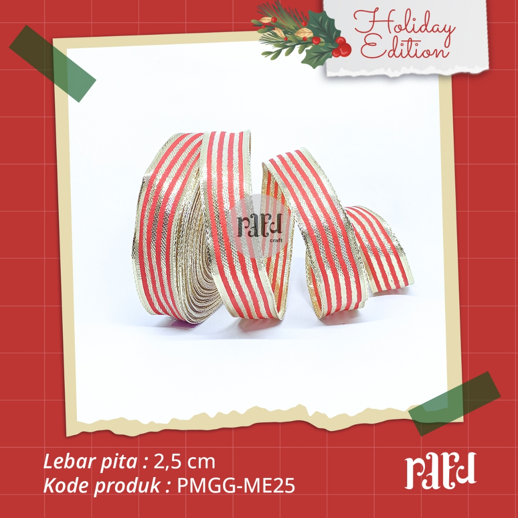 

RC-Pita Natal|Pita Motif Garis-Garis|Pita Kado/Hampers|PER 1 YARD (90cm)|Lebar 2,5 CM|Merah Emas