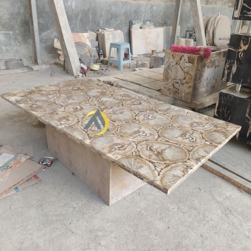 Daun meja kotak batu fosil kayu coklat motif asli kayu 150x80
