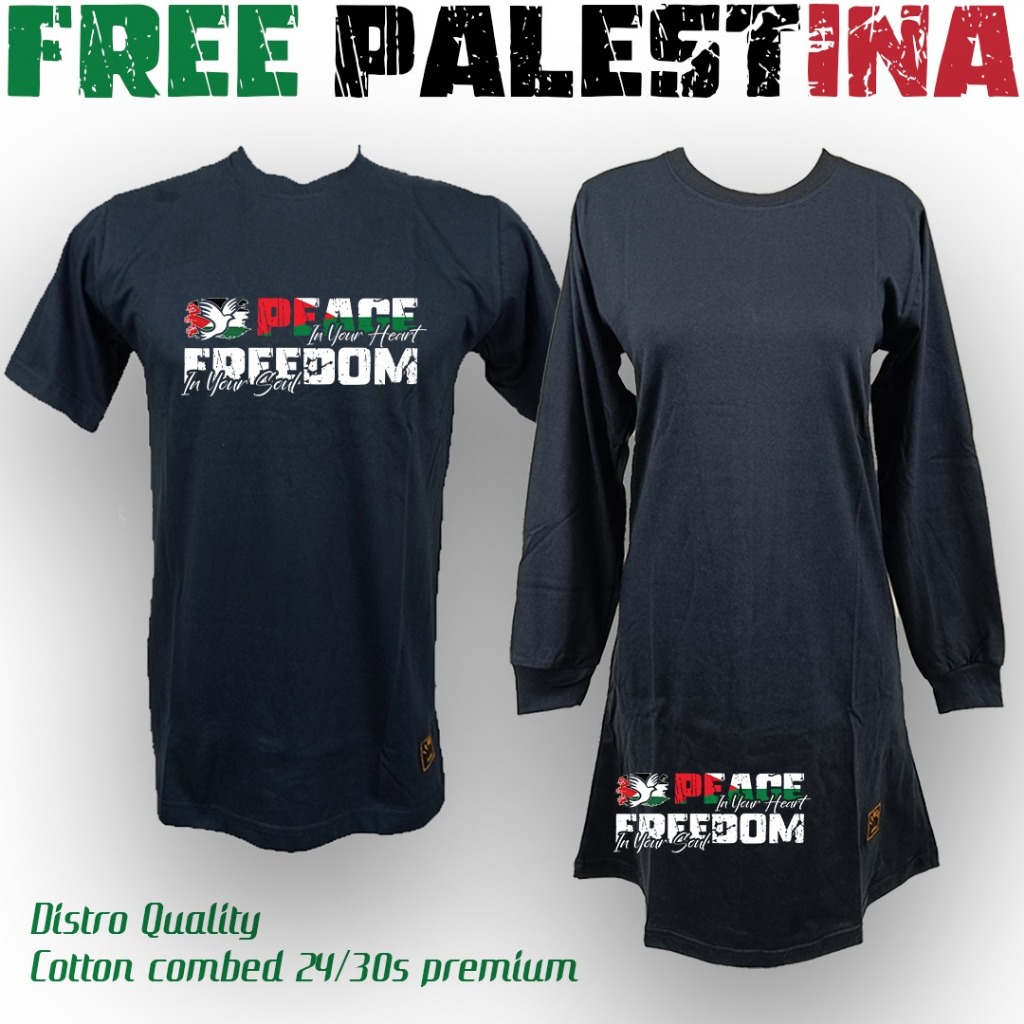 S-XXXL Kaos Oblong Couple Tunik Sablon Free Palestina Hitam