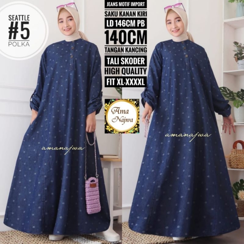 Seattle Two Dress Maxy Gamis Suju Super Jumbo Jeans Motif Kubik Polkadot Garis Ld 146 Fit XXXL By Am