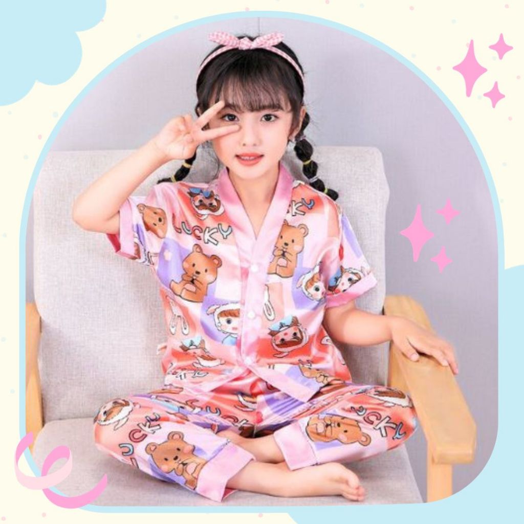 Stelan baju tidur piyama kimono satin anak perempuan