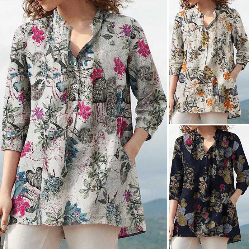 ZANZEA Blouse wanita import motif bunga print lengan 3/4 jumbo S-5XL