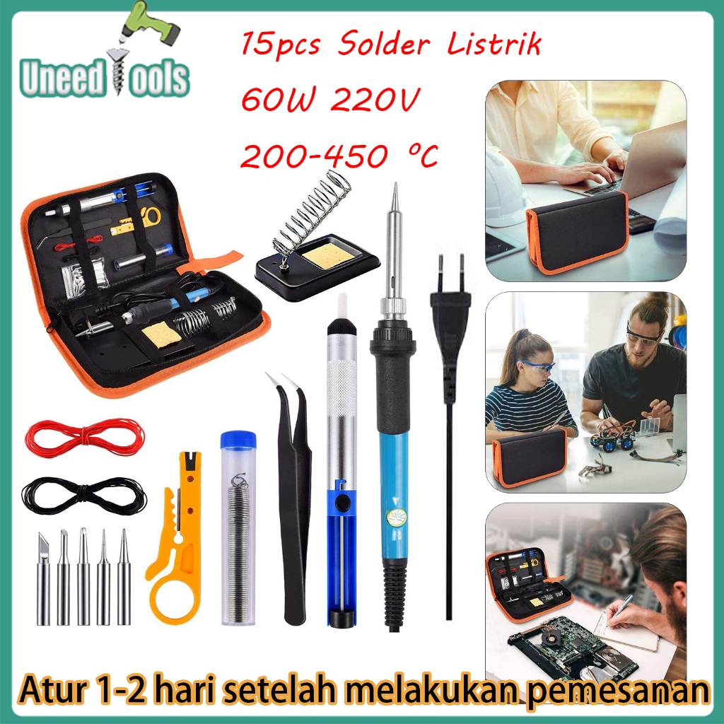 RAMADANSALE (COD) UNEEDTOOLS 15PCS SET SOLDER LISTRIK BERKUALITAS 60W 220V 200-450 C WITH 5 TIPS