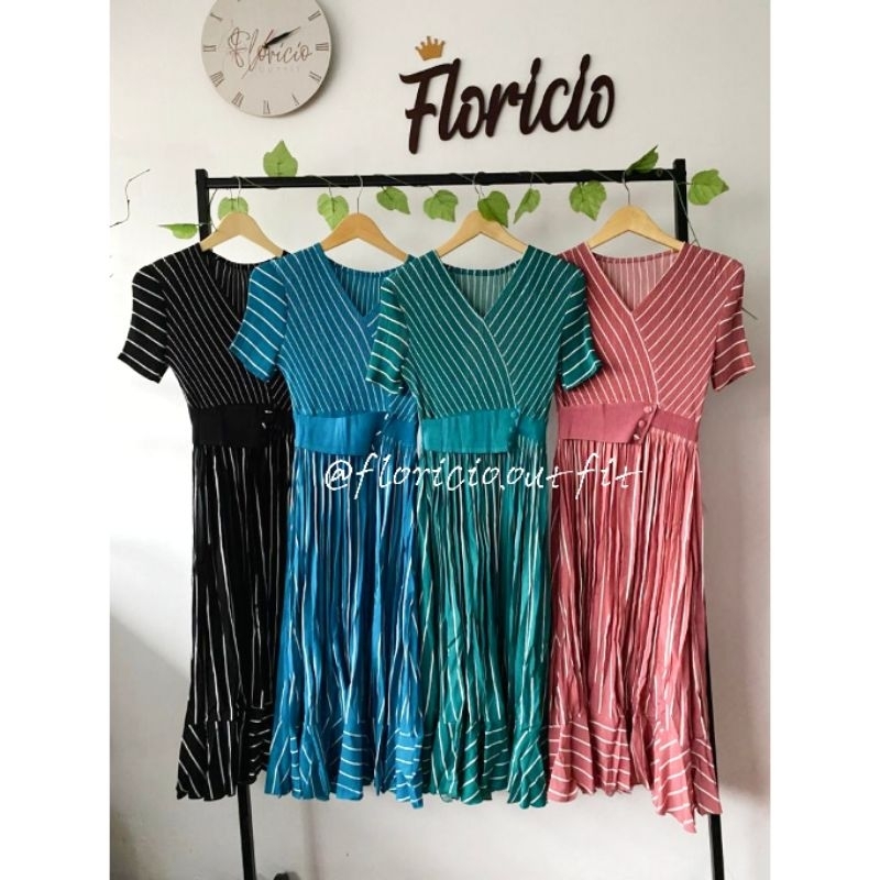Dress Premium Import Plisket Pleats Salur Lengan Pendek (FCOTI1156)
