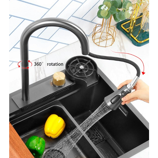 Kitchen Sink Hitam dengan Keran yang Disesuaikan/ Bak Cuci Piring 2 Lubang / Wastafel Cuci Piring