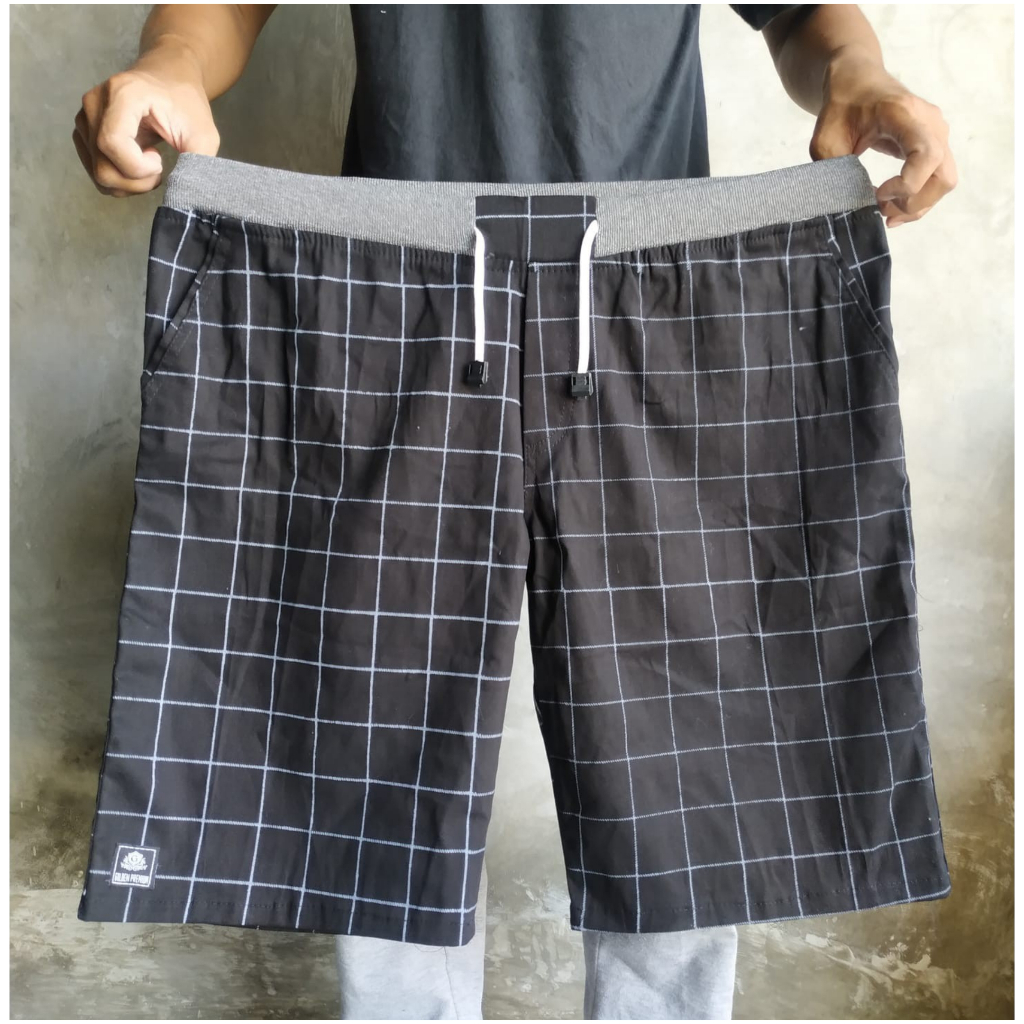Celana Pendek Pria Chino Tartan kotak Pinggang Karet Bahan Cotton Combed Melar Adem Halus