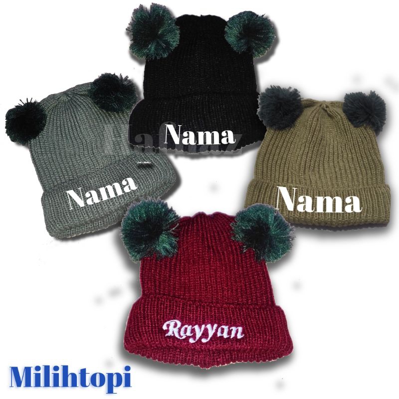 Bisa COD topi  Bayi 0-2 Tahun  Pompom Custom Bordir Nama Tanpa PO Sehari Jadi Hitam marun cream abu 