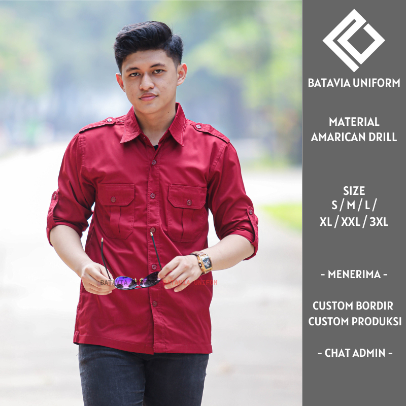 Baju PDL Pria Lengan Panjang - Kemeja Seragam Kerja Dinas Lapangan PDL PDH Maroon Bahan American Dri